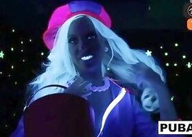A blond girl enjoys some heavy finger-tickling during a spooky Halloween encounter