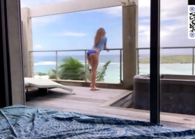 Adult dame with a unshaved labia on a balcony