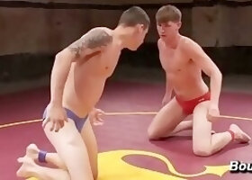 Scott Cage Dakota Wolfe Wrestling Mat Red Blue Trunks Jockstrap Naked Grappling